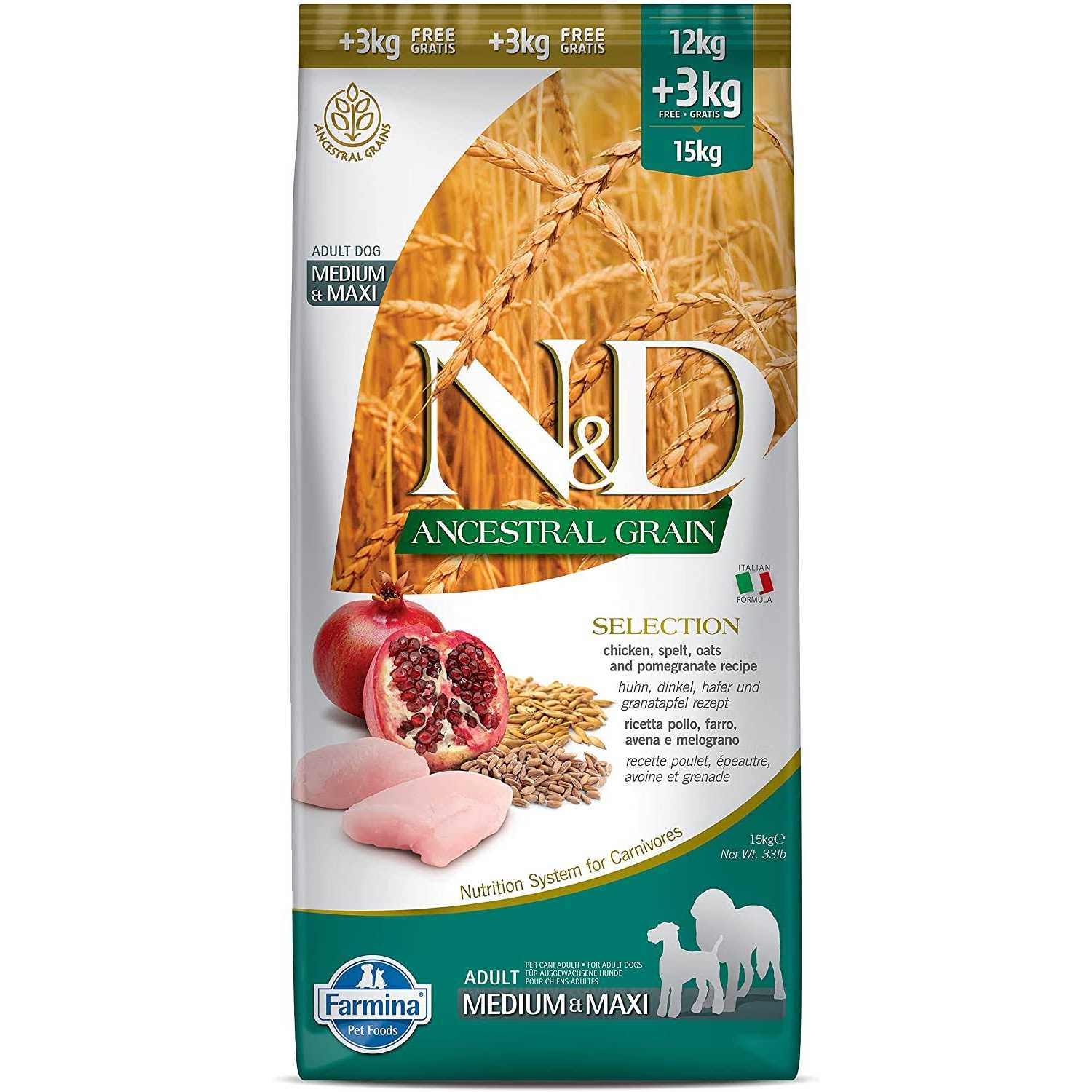 Farmina N&D Ancestral Grain Chicken & Pomegranate Medium & Maxi Adult Dry Dog Food