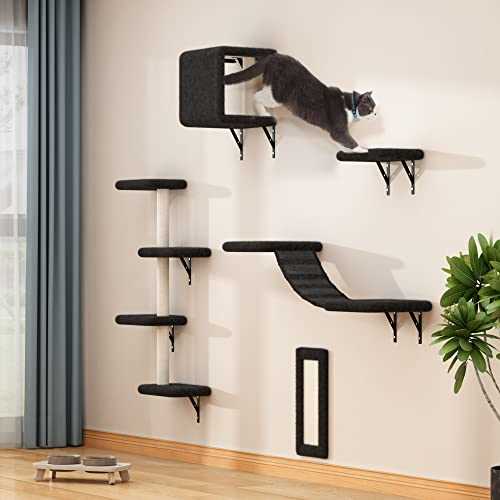 Alternative view of Wall Mounted Cat Furniture, Cat Wall Shelves Set of 5 with Cat Tree, Cat Perch, Cat Scratcher, Cat Bridge and Cat Condo, Gray (Black)