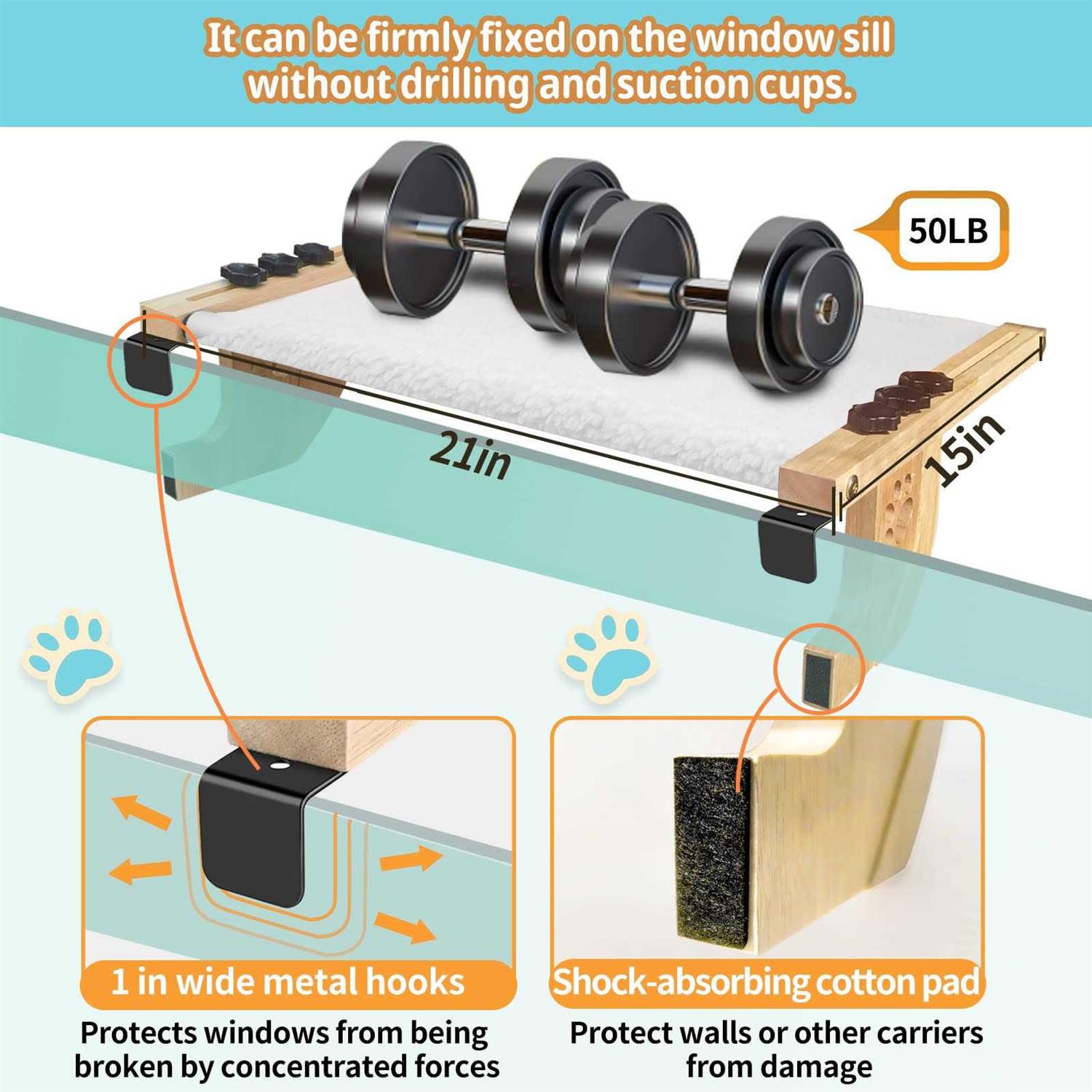 Alternative view of SEEPEARL Cat Window Perch Sturdy Cat Window Hammock with Wood and Metal Frame-No Drilling Required-Multiple Ways to Use-Cat Bed for Windowsill,Floor,Bedside