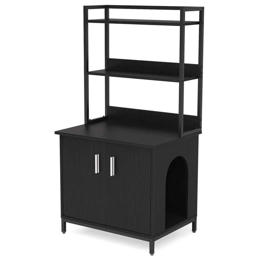 Kellum Black Litter Box Enclosure, Industrial Cat Cabinet with Shelves and Doors