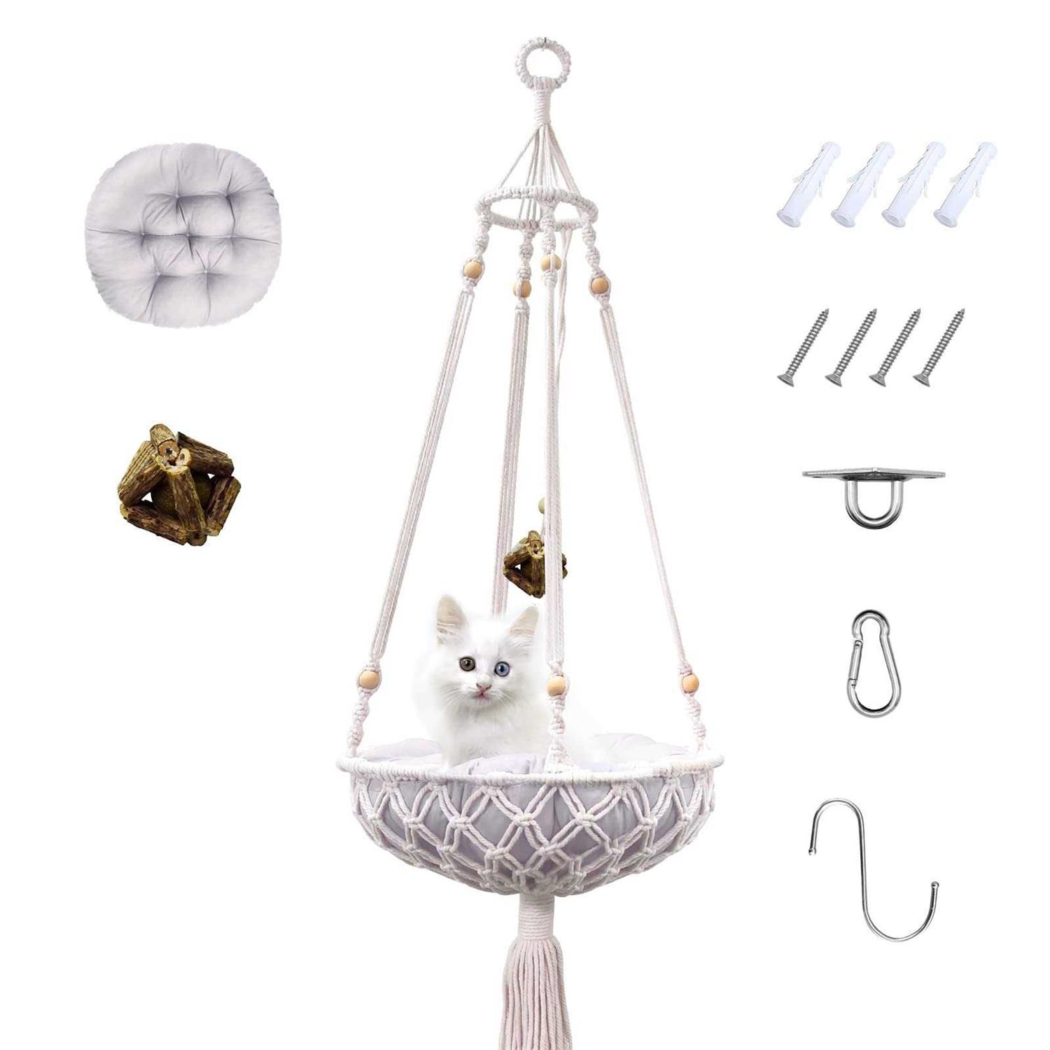 VAESCOL Macrame Hammock Handwoven Boho Cat Swing with Hanging Kit for Indoor Outdoor Home Decor Hang on Wall Bed for Sleeping