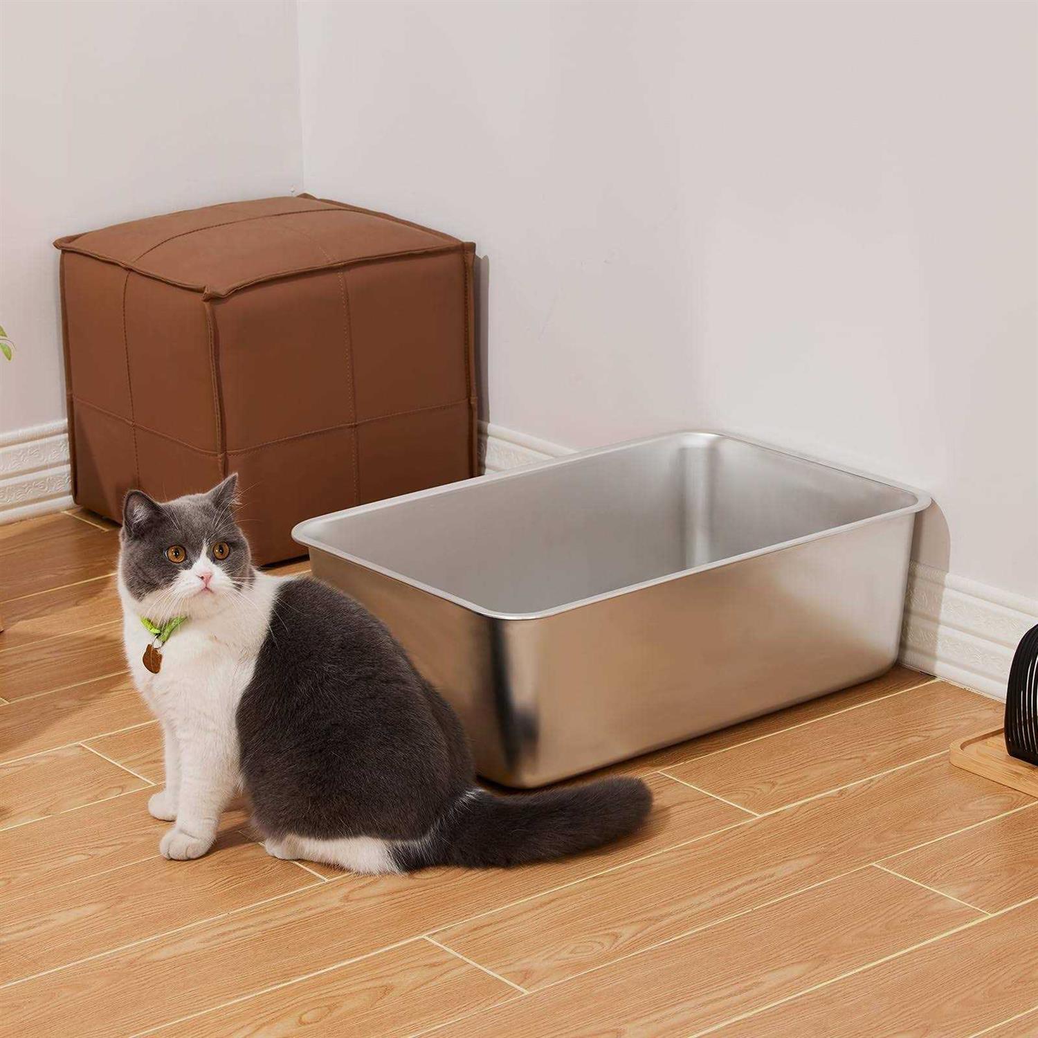 Alternative view of Yangbaga Stainless Steel Litter Box for Cat and Rabbit, Large Size with 8in High Sides and Non Slip Rubber Feet. Odor Control