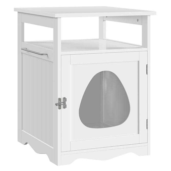 Topeakmart White Wooden Cat Litter Box with Open Shelf