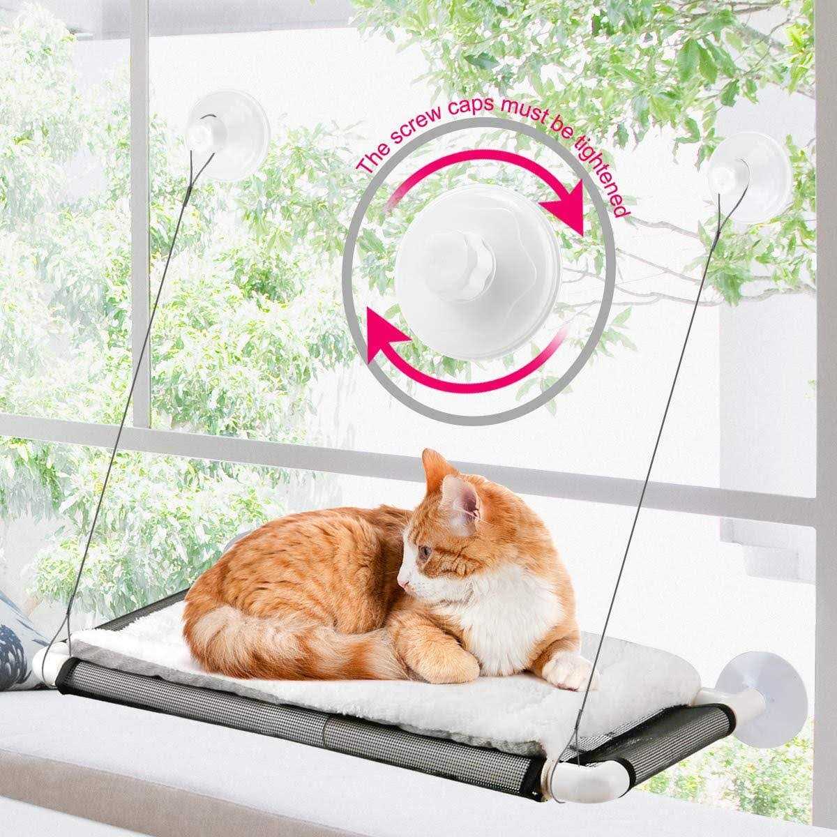 ZALALOVA Cat Window Perch Cat Hammock Window Seat w/Free Fleece Blanket 2023 Latest Screw Suction Cups Extra Large Sturdy Cat Bed Cat Resting Seat