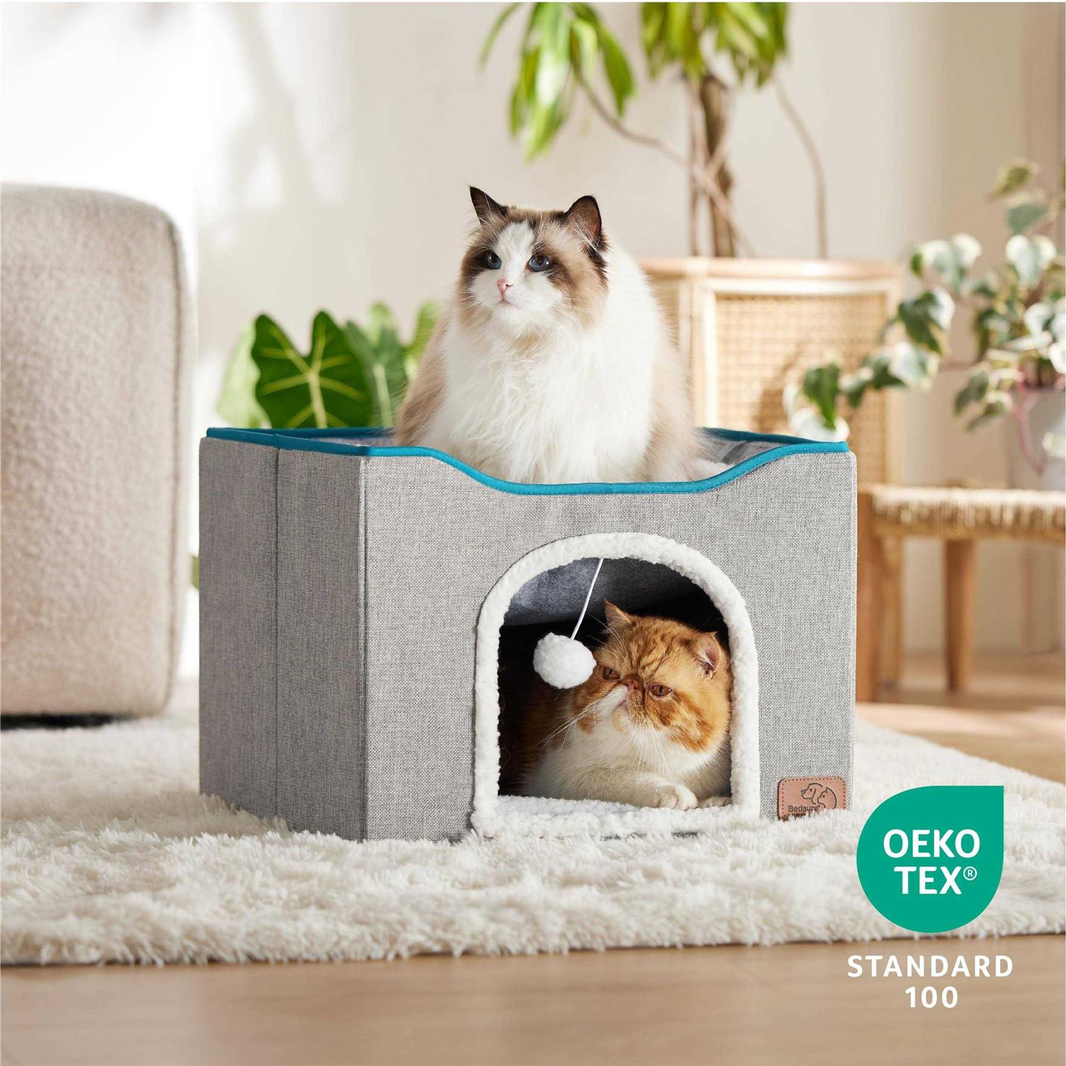 Alternative view of Bedsure Cat Beds for Indoor Cats Large Cat Cave for Pet Cat House with Fluffy Ball Hanging and Scratch Pad